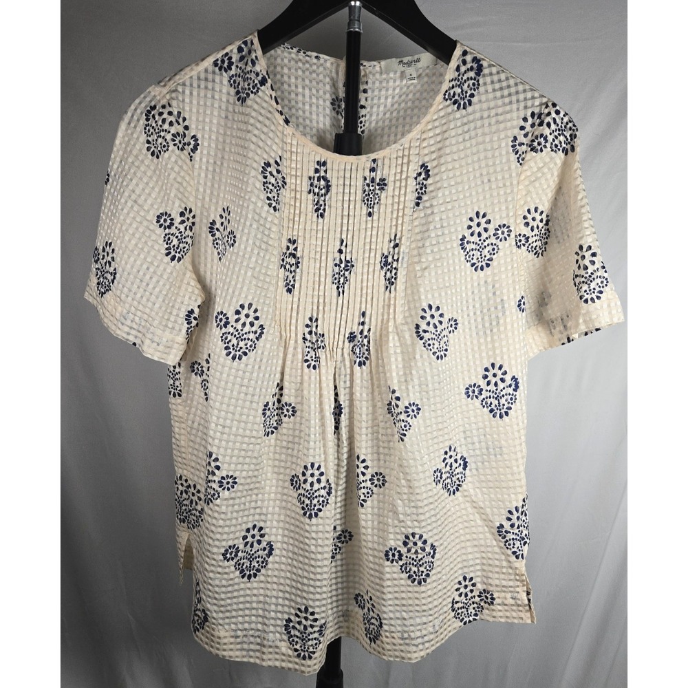 Madewell Silk Cotton Textured Pintuck Top Size S Ivory Blue Floral Coastal Chic